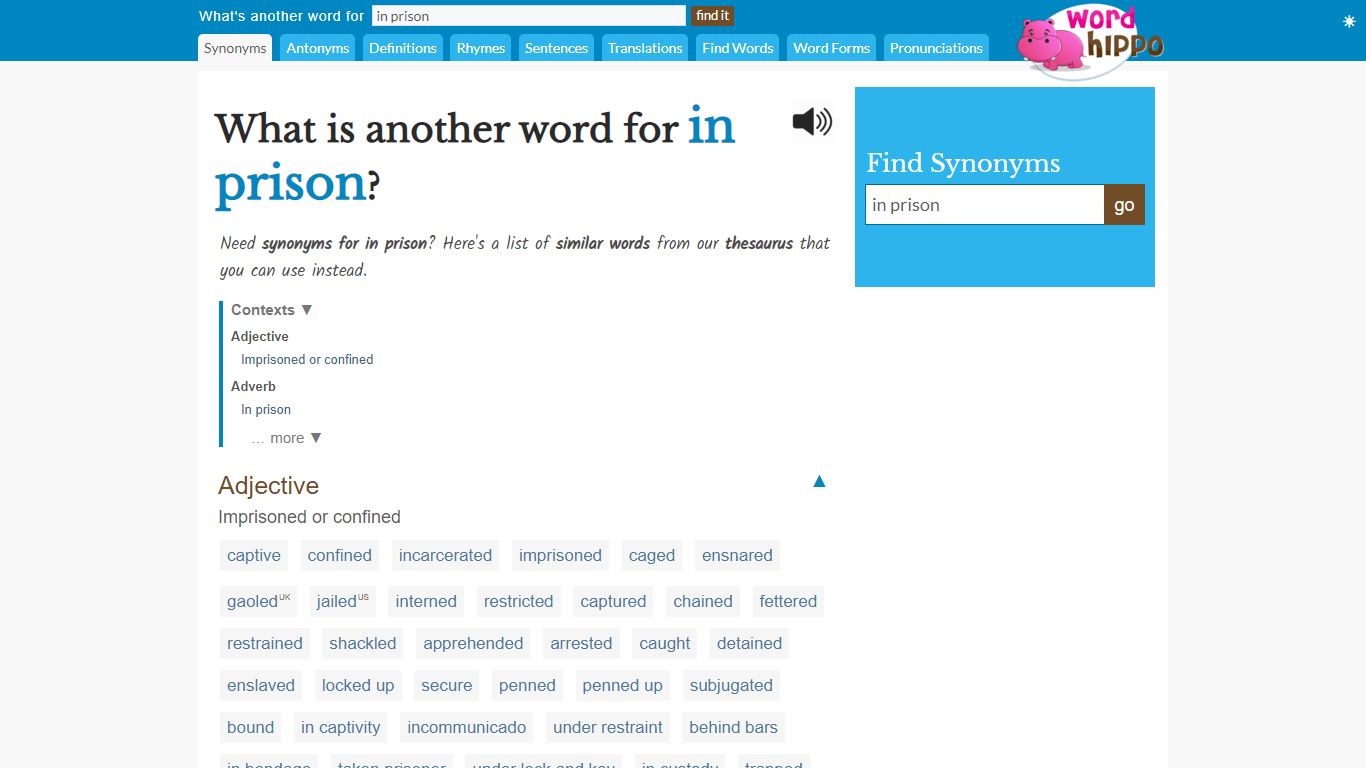 What is another word for in prison - WordHippo
